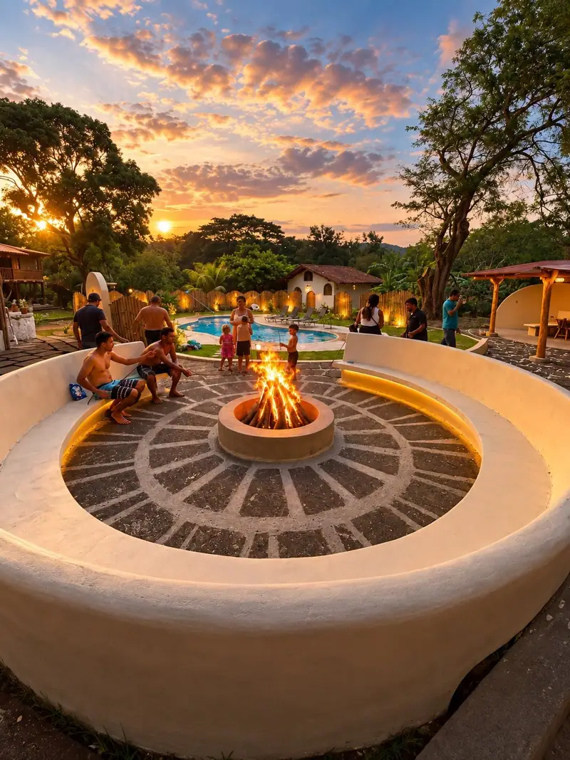 The fire pit lit at sunset, the gardens around